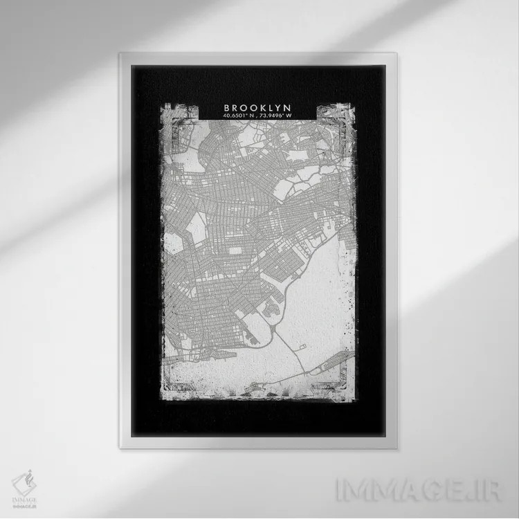 تابلو دکوراتیو New York City Map Black White Grey Style,نقشه منطقه بروک… اثر وال دکور ادیکت - نمای قابدار سفید