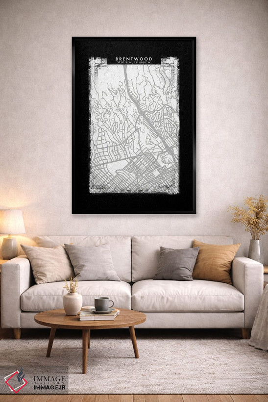 تابلو دکوراتیو California City Map Black White Grey Style,نقشه شهر برنت… اثر وال دکور ادیکت - D3B