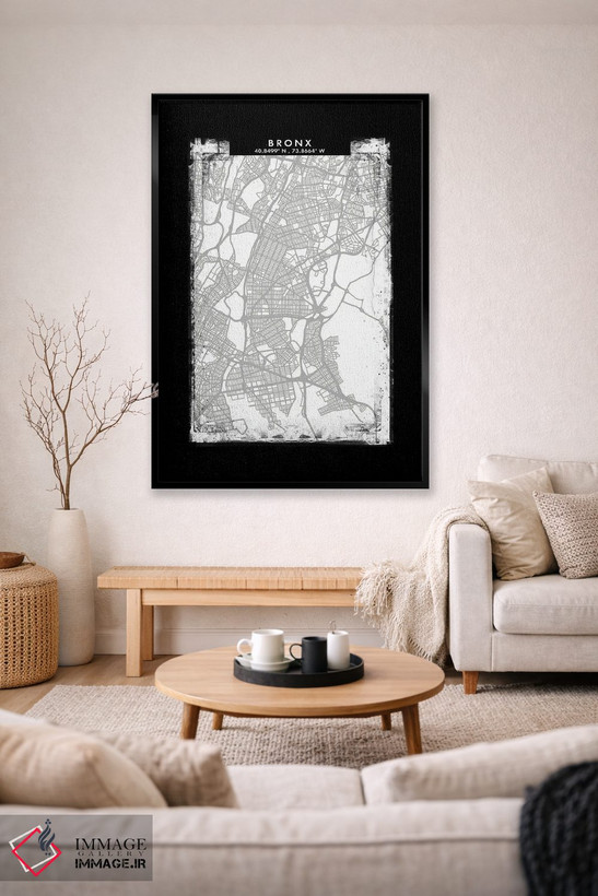 تابلو دکوراتیو نقشه منطقه برانکس به سبک سیاه، سفید و خاکستری اثر وال دکور ادیکت - D1B