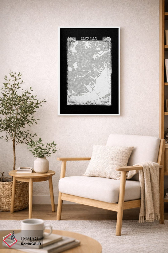 تابلو دکوراتیو New York City Map Black White Grey Style,نقشه منطقه بروک… اثر وال دکور ادیکت - D4W