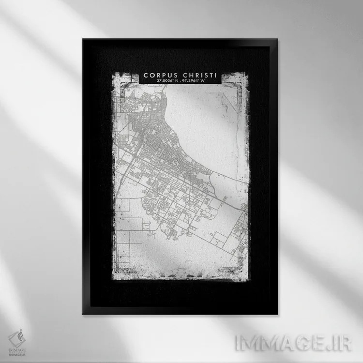 تابلو دکوراتیو نقشه شهر کورپس کریستی به سبک سیاه، سفید و خاکستری اثر وال دکور ادیکت - نمای قابدار مشکی