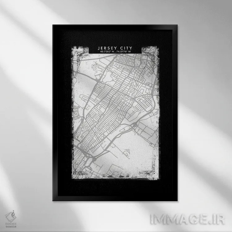 تابلو دکوراتیو New Jersey, City Map Black White Grey Style,نقشه جرسی سی… اثر وال دکور ادیکت - نمای قابدار مشکی