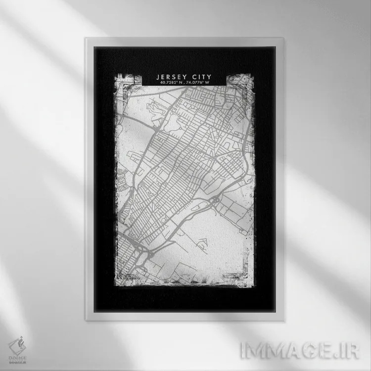 تابلو دکوراتیو New Jersey, City Map Black White Grey Style,نقشه جرسی سی… اثر وال دکور ادیکت - نمای قابدار سفید