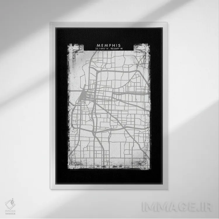 تابلو دکوراتیو نقشه شهر ممفیس به سبک سیاه، سفید و خاکستری اثر وال دکور ادیکت - نمای قابدار سفید
