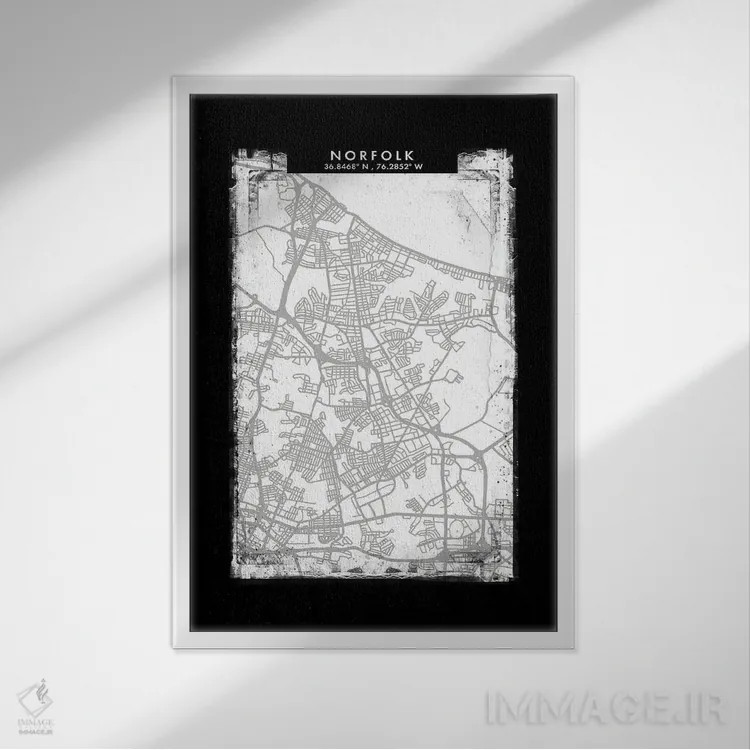 تابلو دکوراتیو نقشه شهر نورفک به سبک سیاه، سفید و خاکستری اثر وال دکور ادیکت - نمای قابدار سفید