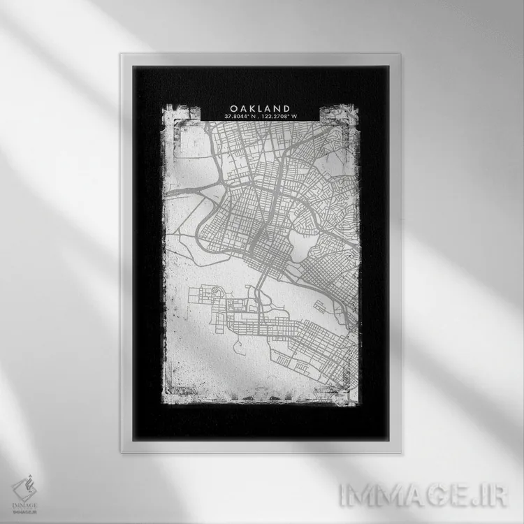 تابلو دکوراتیو نقشه شهر اوکلند به سبک سیاه، سفید و خاکستری اثر وال دکور ادیکت - نمای قابدار سفید