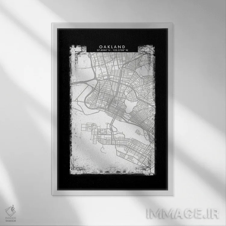 تابلو دکوراتیو نقشه شهر اوکلند به سبک سیاه، سفید و خاکستری اثر وال دکور ادیکت - نمای قابدار سفید