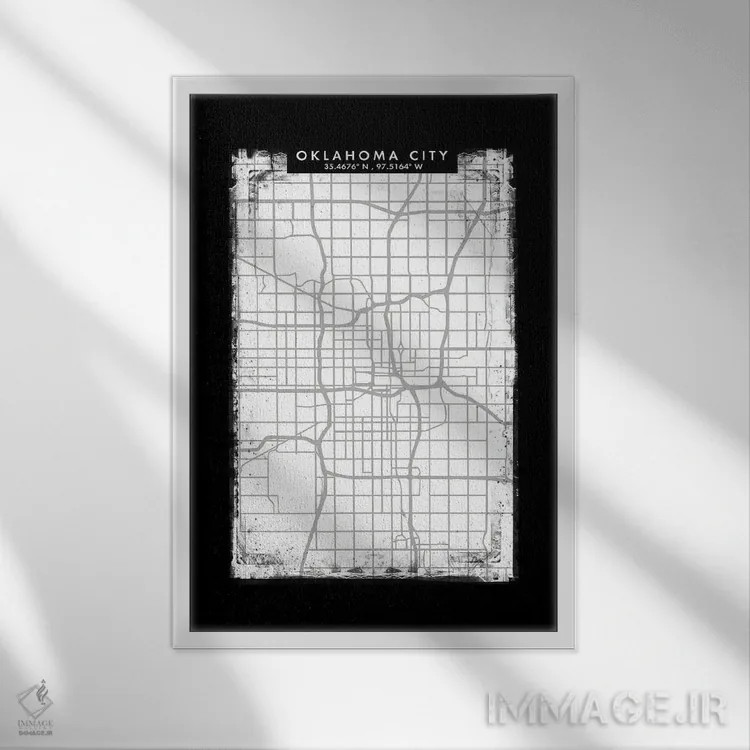 تابلو دکوراتیو نقشه شهر اوکلاهما سیتی به سبک سیاه، سفید و خاکستری اثر وال دکور ادیکت - نمای قابدار سفید