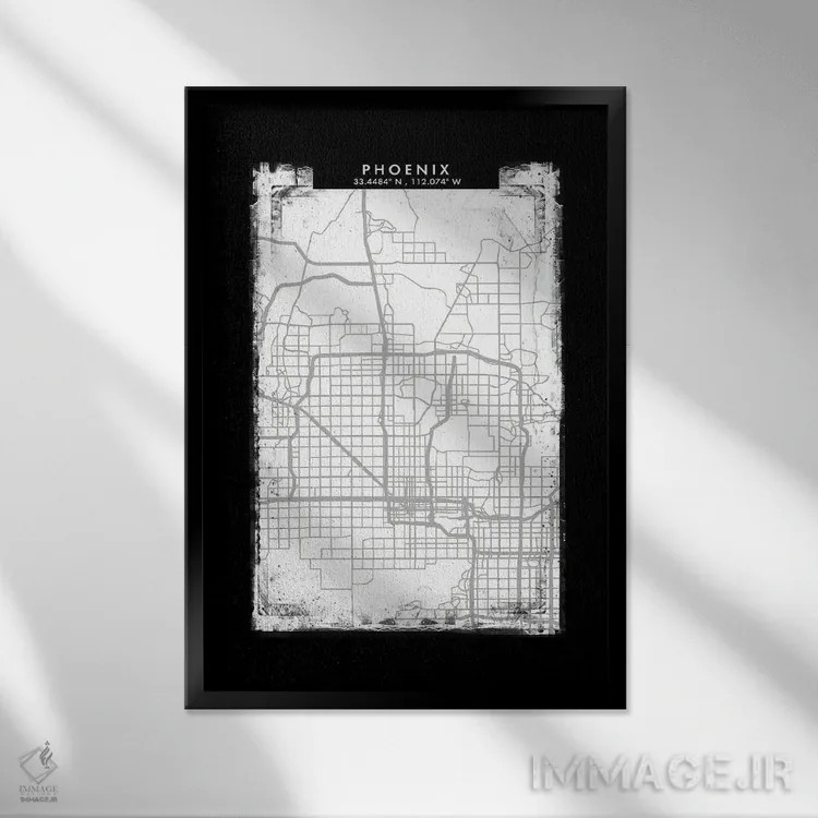 تابلو دکوراتیو نقشه شهر فینیکس به سبک سیاه، سفید و خاکستری اثر وال دکور ادیکت - نمای قابدار مشکی