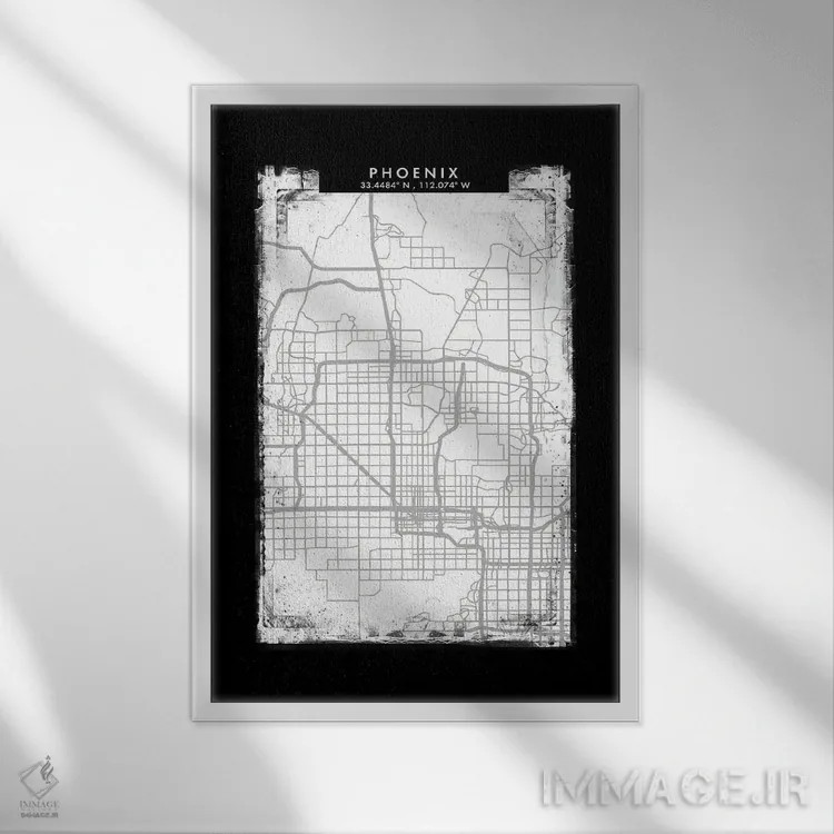 تابلو دکوراتیو نقشه شهر فینیکس به سبک سیاه، سفید و خاکستری اثر وال دکور ادیکت - نمای قابدار سفید