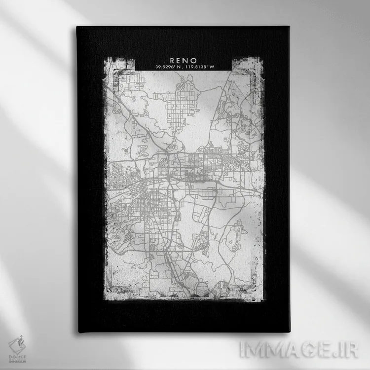 تابلو دکوراتیو Nevada City Map Black White Grey Style,نقشه شهر رنو، نوا… اثر وال دکور ادیکت - نمای روبهرو روی دیوار