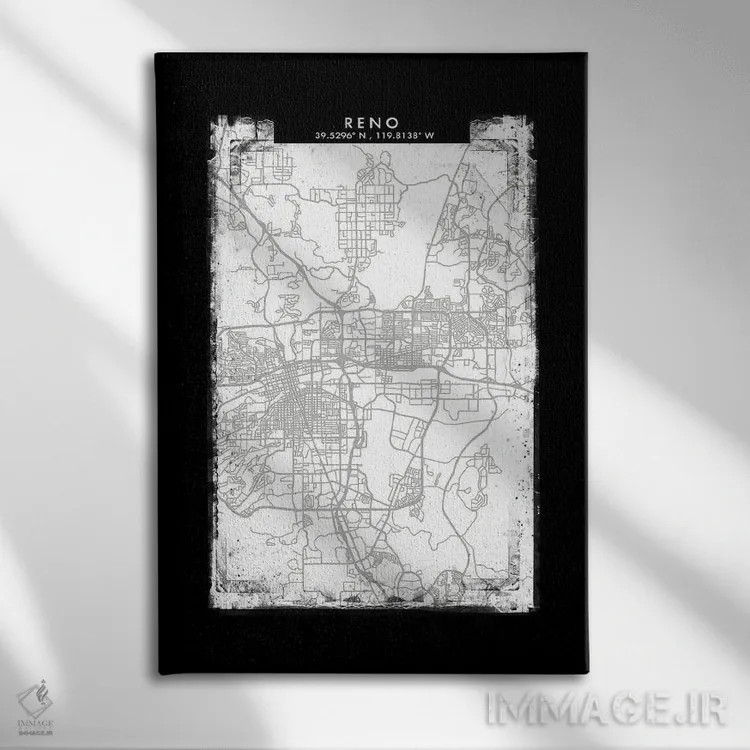 تابلو دکوراتیو Nevada City Map Black White Grey Style,نقشه شهر رنو، نوا… اثر وال دکور ادیکت - نمای روبهرو روی دیوار