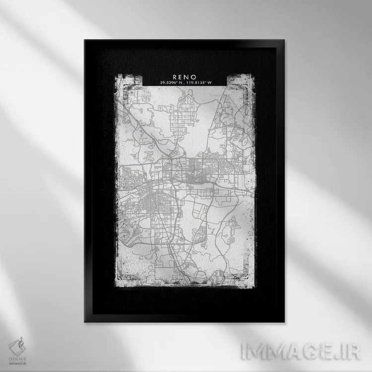 تابلو دکوراتیو Nevada City Map Black White Grey Style,نقشه شهر رنو، نوا… اثر وال دکور ادیکت - نمای قابدار مشکی