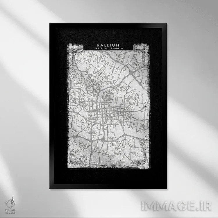 تابلو دکوراتیو نقشه شهر رالی به سبک سیاه، سفید و خاکستری اثر وال دکور ادیکت - نمای قابدار مشکی