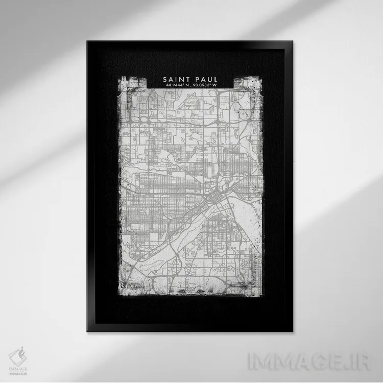 تابلو دکوراتیو نقشه شهر سنت پل به سبک سیاه، سفید و خاکستری اثر وال دکور ادیکت - نمای قابدار مشکی