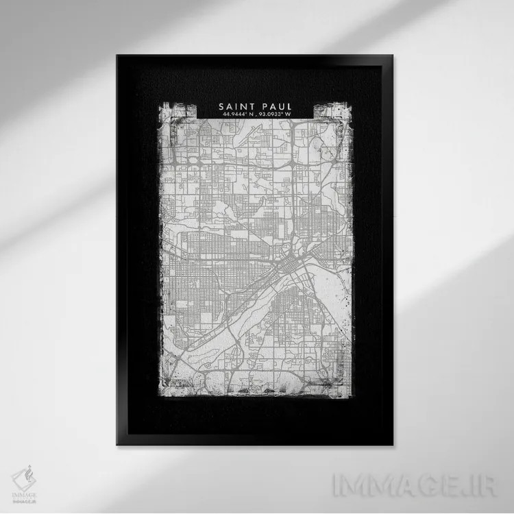 تابلو دکوراتیو نقشه شهر سنت پل به سبک سیاه، سفید و خاکستری اثر وال دکور ادیکت - نمای قابدار مشکی