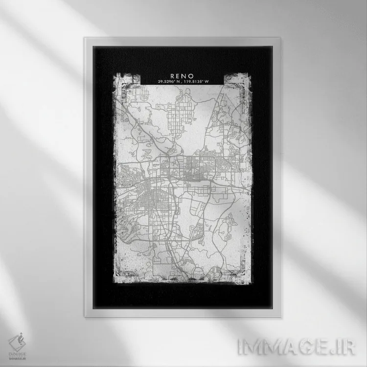 تابلو دکوراتیو Nevada City Map Black White Grey Style,نقشه شهر رنو، نوا… اثر وال دکور ادیکت - نمای قابدار سفید