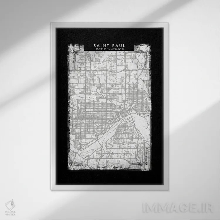 تابلو دکوراتیو نقشه شهر سنت پل به سبک سیاه، سفید و خاکستری اثر وال دکور ادیکت - نمای قابدار سفید