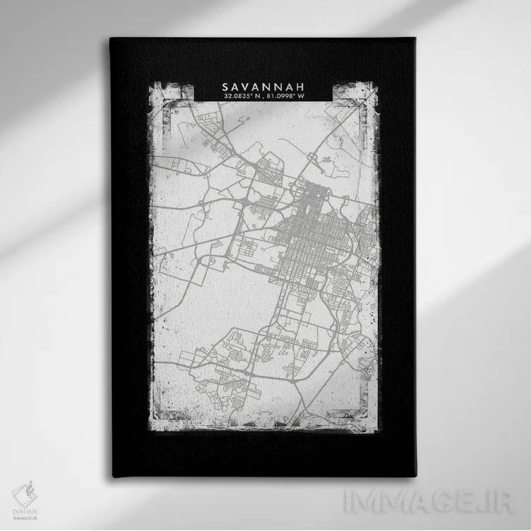 تابلو دکوراتیو Georgia City Map Black White Grey Style,نقشه شهر ساوانا… اثر وال دکور ادیکت - نمای روبهرو روی دیوار