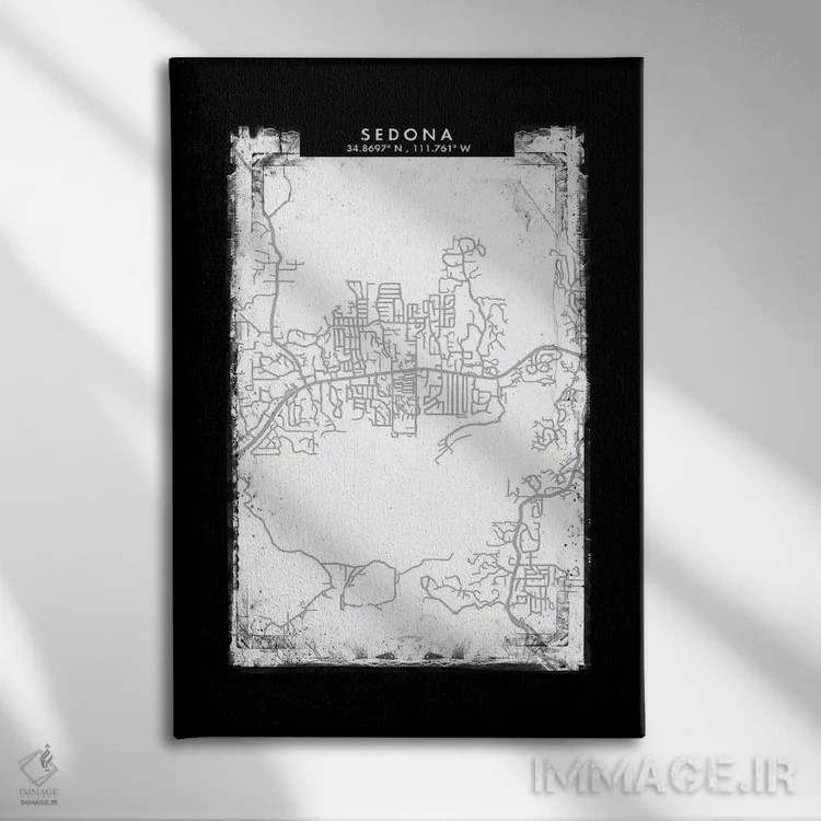 تابلو دکوراتیو Arizona City Map Black White Grey Style,نقشه شهر سدونا… اثر وال دکور ادیکت - نمای روبهرو روی دیوار