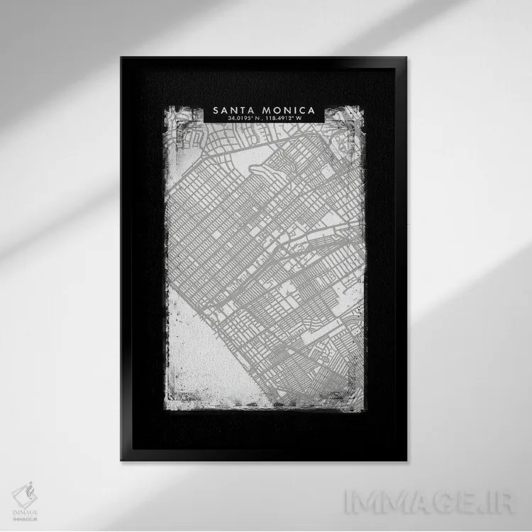تابلو دکوراتیو نقشه شهر سانتا مونیکا به سبک سیاه، سفید و خاکستری اثر وال دکور ادیکت - نمای قابدار مشکی