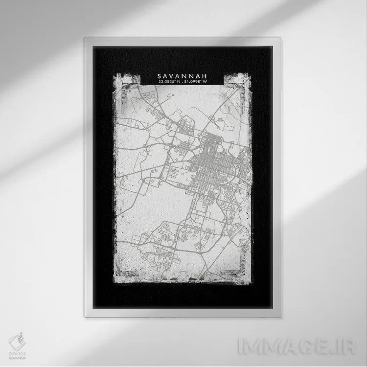 تابلو دکوراتیو Georgia City Map Black White Grey Style,نقشه شهر ساوانا… اثر وال دکور ادیکت - نمای قابدار سفید