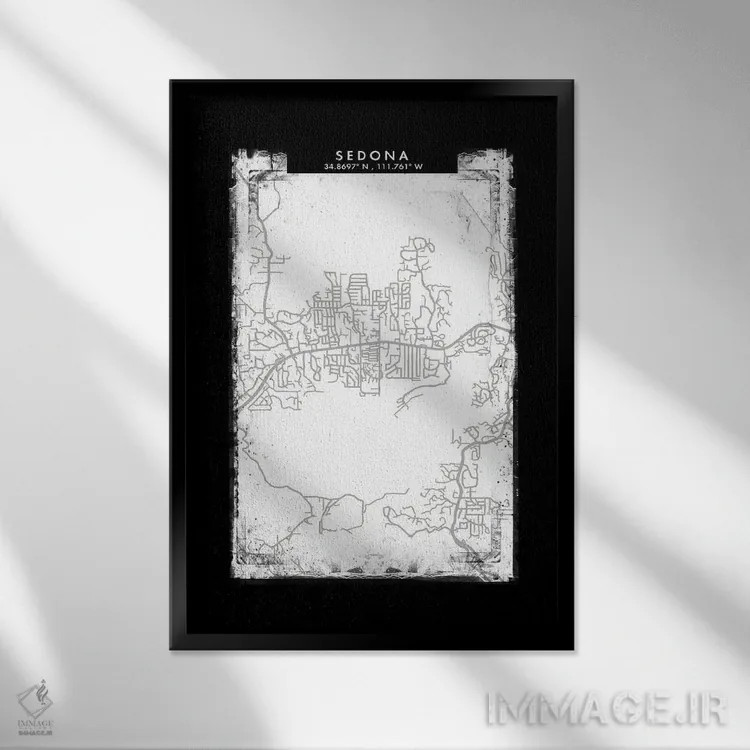 تابلو دکوراتیو Arizona City Map Black White Grey Style,نقشه شهر سدونا… اثر وال دکور ادیکت - نمای قابدار مشکی