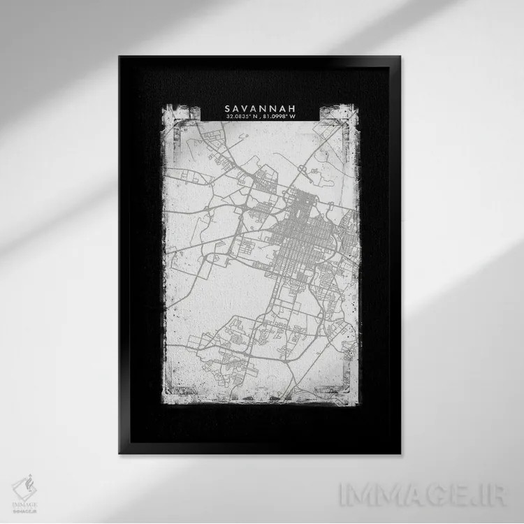 تابلو دکوراتیو Georgia City Map Black White Grey Style,نقشه شهر ساوانا… اثر وال دکور ادیکت - نمای قابدار مشکی