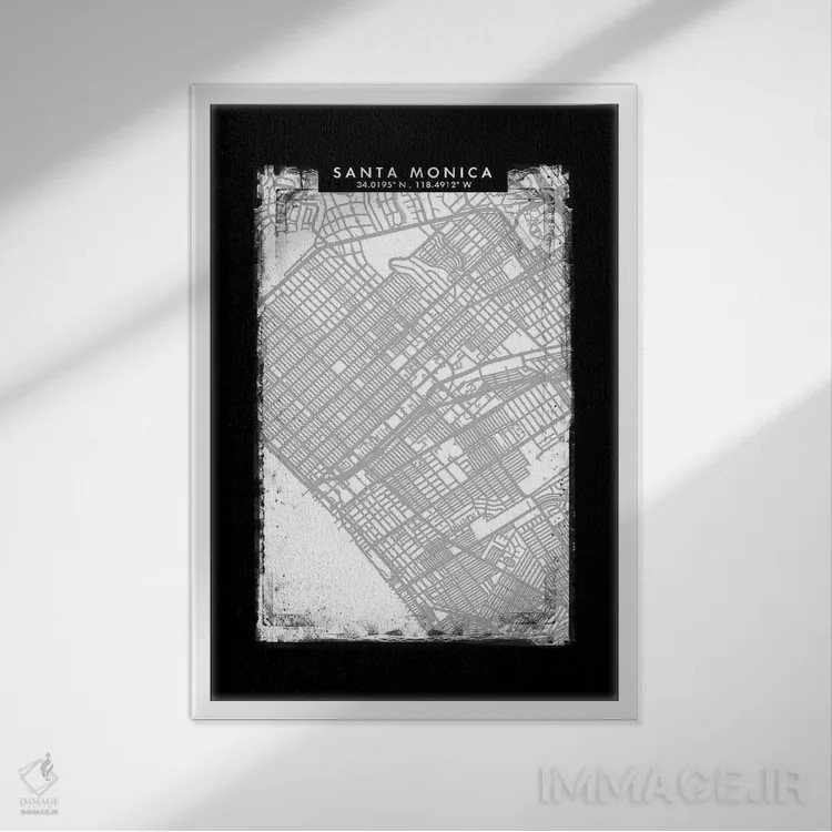 تابلو دکوراتیو نقشه شهر سانتا مونیکا به سبک سیاه، سفید و خاکستری اثر وال دکور ادیکت - نمای قابدار سفید