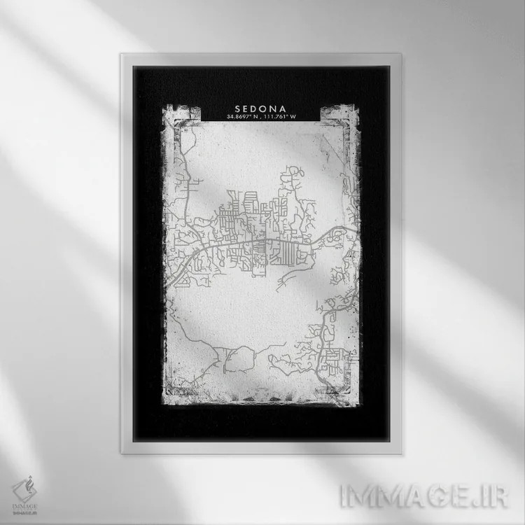 تابلو دکوراتیو Arizona City Map Black White Grey Style,نقشه شهر سدونا… اثر وال دکور ادیکت - نمای قابدار سفید