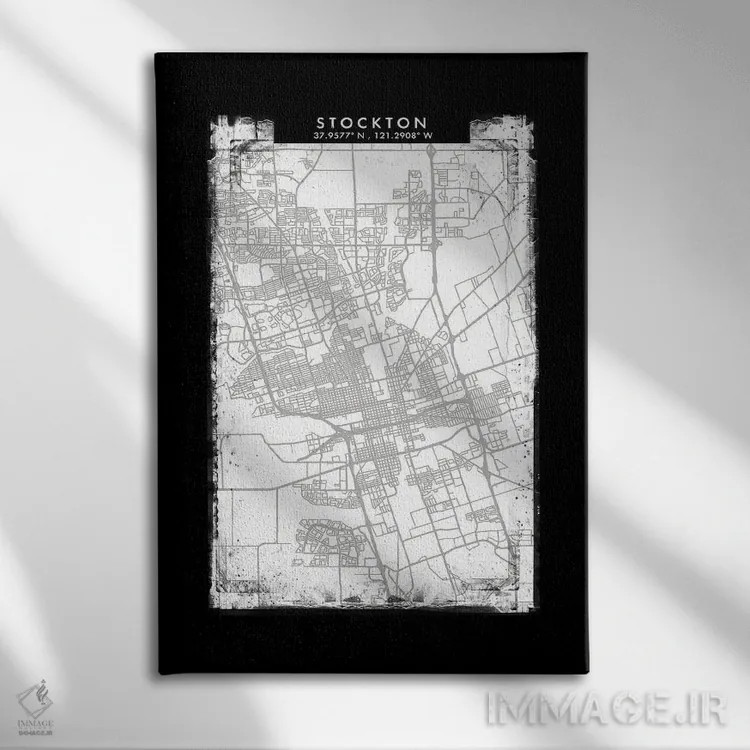 تابلو دکوراتیو California City Map Black White Grey Style,نقشه شهر استا… اثر وال دکور ادیکت - نمای روبهرو روی دیوار