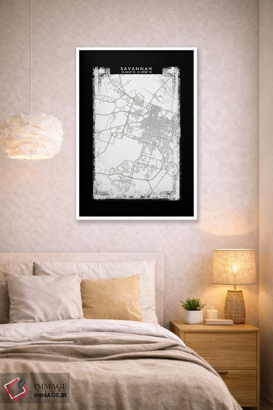 تابلو دکوراتیو Georgia City Map Black White Grey Style,نقشه شهر ساوانا… اثر وال دکور ادیکت - D1W
