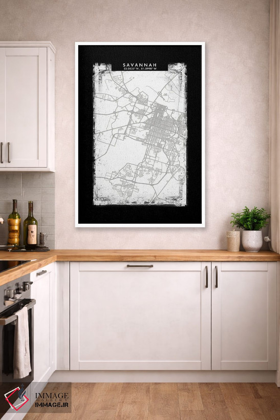 تابلو دکوراتیو Georgia City Map Black White Grey Style,نقشه شهر ساوانا… اثر وال دکور ادیکت - D3W