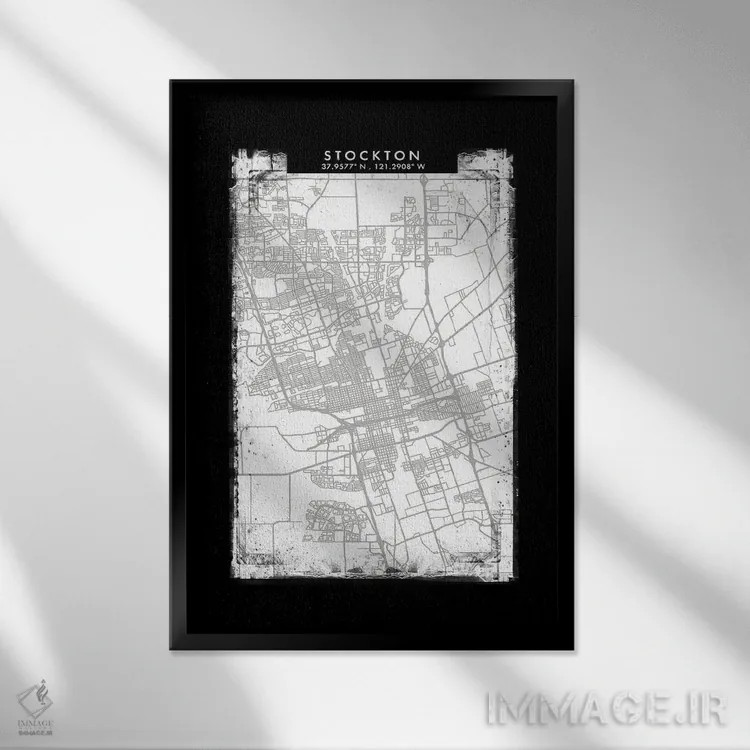 تابلو دکوراتیو California City Map Black White Grey Style,نقشه شهر استا… اثر وال دکور ادیکت - نمای قابدار مشکی