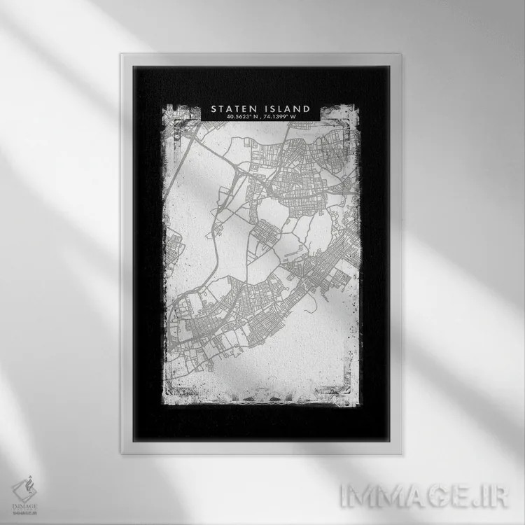 تابلو دکوراتیو New York City Map Black White Grey Style,نقشه منطقه استا… اثر وال دکور ادیکت - نمای قابدار سفید