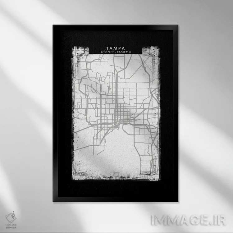 تابلو دکوراتیو نقشه شهر تمپا به سبک سیاه، سفید و خاکستری اثر وال دکور ادیکت - نمای قابدار مشکی