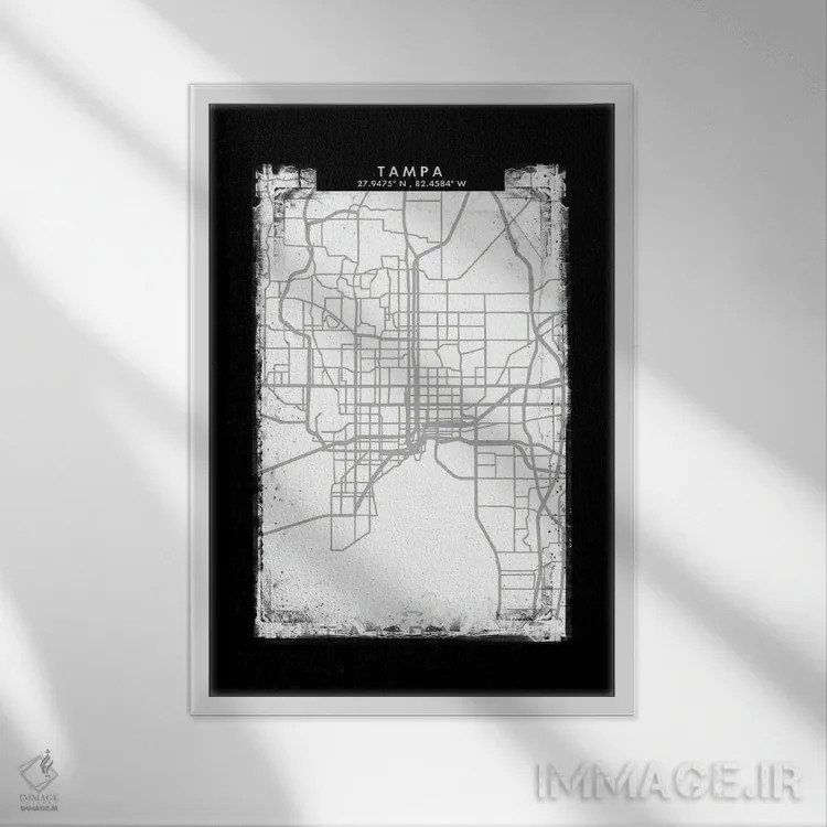 تابلو دکوراتیو نقشه شهر تمپا به سبک سیاه، سفید و خاکستری اثر وال دکور ادیکت - نمای قابدار سفید