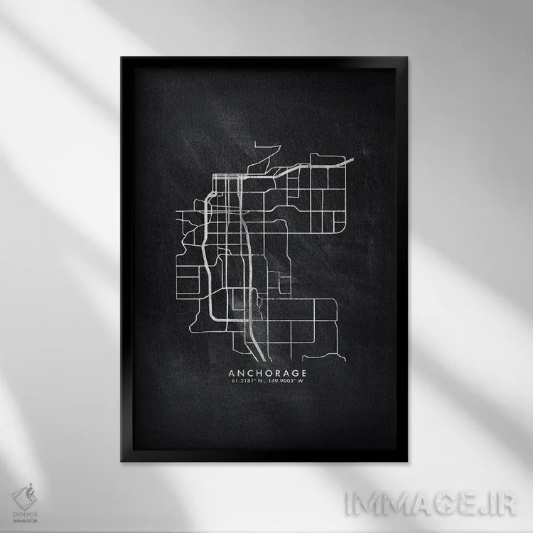 تابلو دکوراتیو نقشه شهر انکوریج به سبک تخته سیاه اثر وال دکور ادیکت - نمای قابدار مشکی