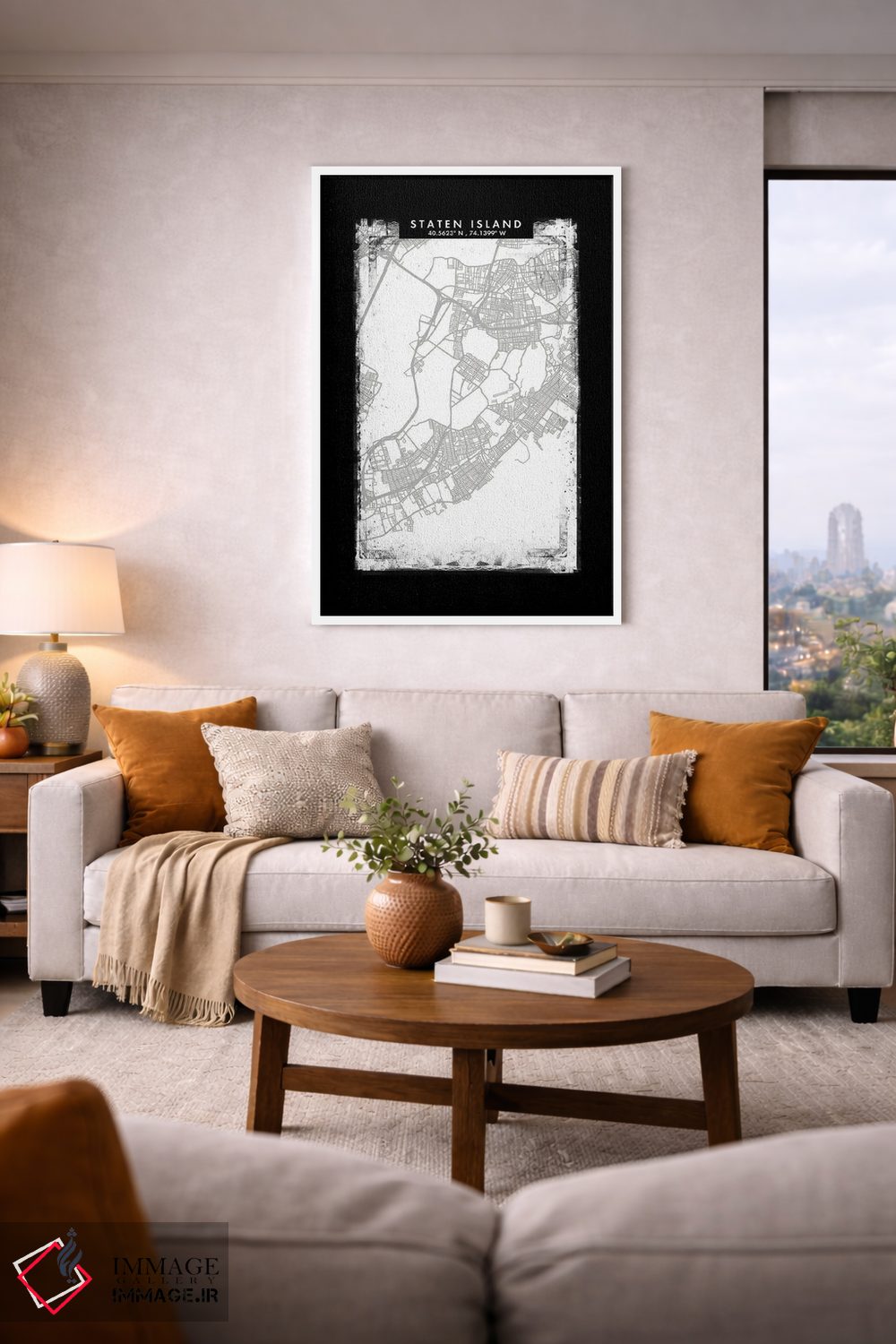 تابلو دکوراتیو New York City Map Black White Grey Style,نقشه منطقه استا… اثر وال دکور ادیکت - D4W