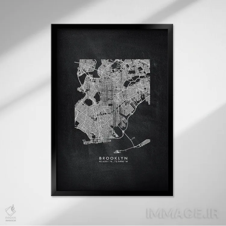 تابلو دکوراتیو New York City Map Chalkboard Style,نقشه منطقه بروکلین، ن… اثر وال دکور ادیکت - نمای قابدار مشکی