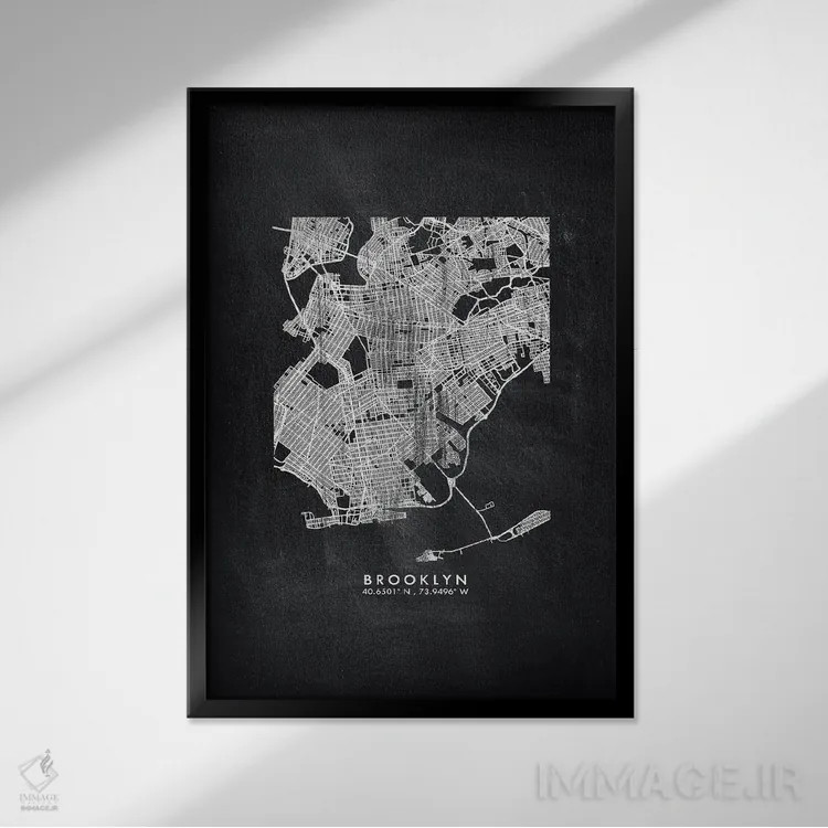 تابلو دکوراتیو New York City Map Chalkboard Style,نقشه منطقه بروکلین، ن… اثر وال دکور ادیکت - نمای قابدار مشکی