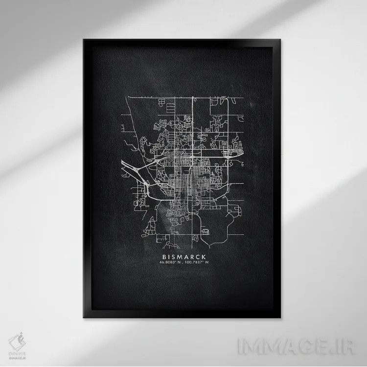 تابلو دکوراتیو North Dakota City Map Chalkboard Style,نقشه شهر بیزمارک… اثر وال دکور ادیکت - نمای قابدار مشکی