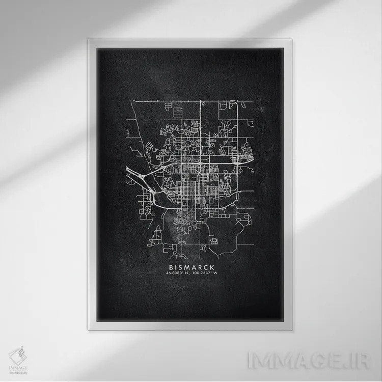 تابلو دکوراتیو North Dakota City Map Chalkboard Style,نقشه شهر بیزمارک… اثر وال دکور ادیکت - نمای قابدار سفید