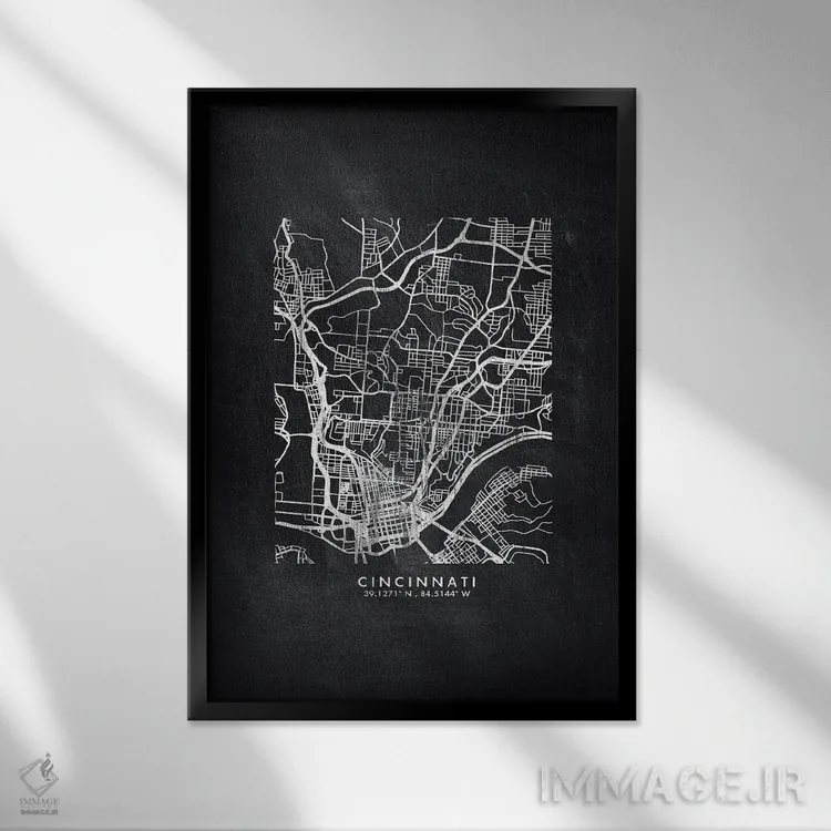 تابلو دکوراتیو نقشه شهر سینسیناتی به سبک تخته سیاه اثر وال دکور ادیکت - نمای قابدار مشکی
