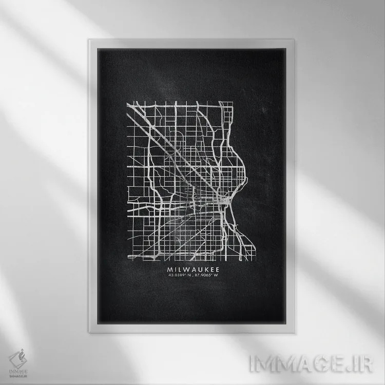 تابلو دکوراتیو نقشه شهر میلواکی به سبک تخته سیاه اثر وال دکور ادیکت - نمای قابدار سفید