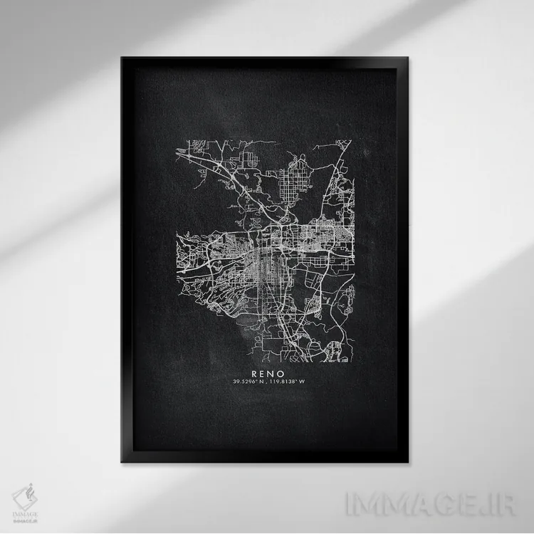 تابلو دکوراتیو Nevada City Map Chalkboard Style,نقشه شهر رینو، نوادا به… اثر وال دکور ادیکت - نمای قابدار مشکی