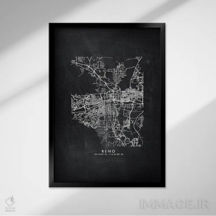 تابلو دکوراتیو Nevada City Map Chalkboard Style,نقشه شهر رینو، نوادا به… اثر وال دکور ادیکت - نمای قابدار مشکی