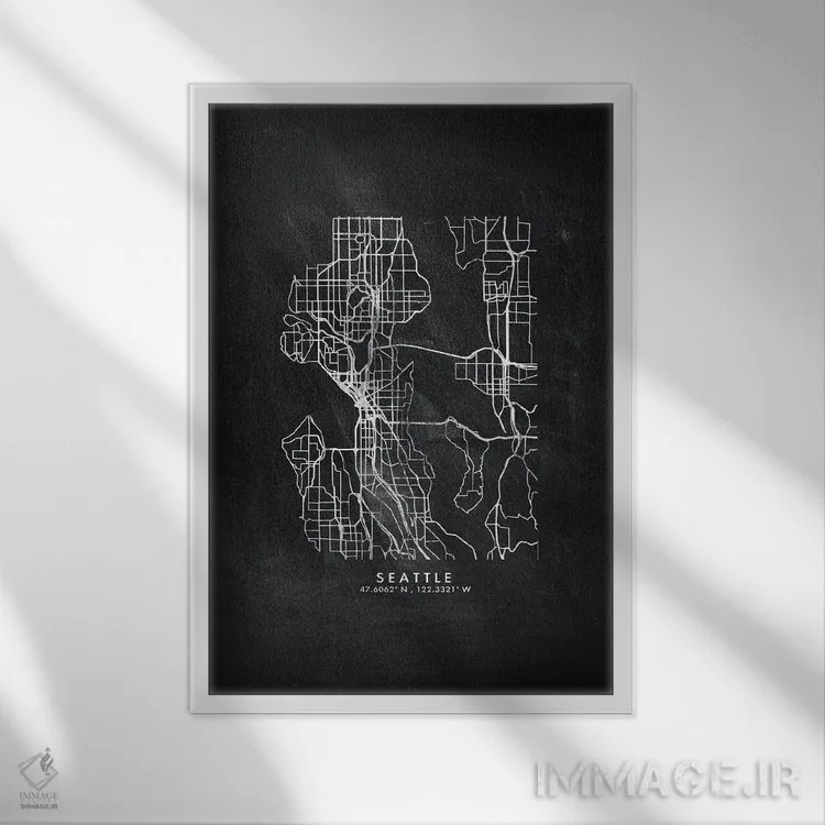 تابلو دکوراتیو نقشه شهر سیاتل به سبک تخته سیاه اثر وال دکور ادیکت - نمای قابدار سفید