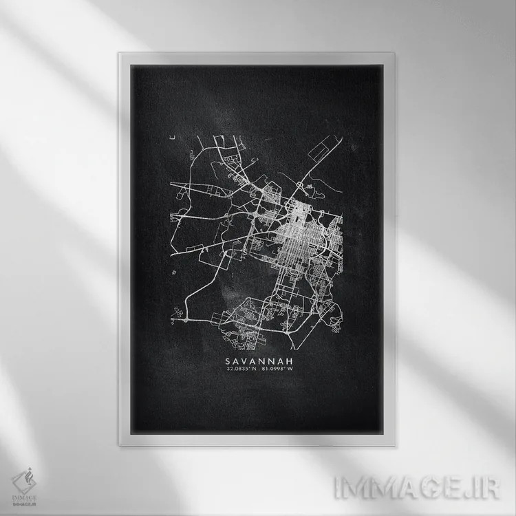 تابلو دکوراتیو Georgia City Map Chalkboard Style,نقشه شهر ساوانا، جورجی… اثر وال دکور ادیکت - نمای قابدار سفید
