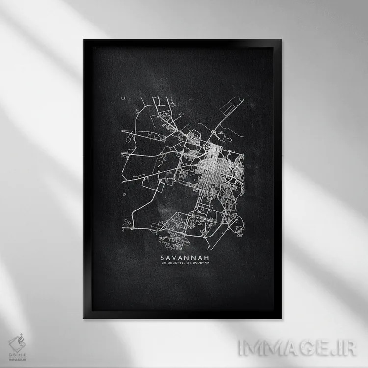تابلو دکوراتیو Georgia City Map Chalkboard Style,نقشه شهر ساوانا، جورجی… اثر وال دکور ادیکت - نمای قابدار مشکی